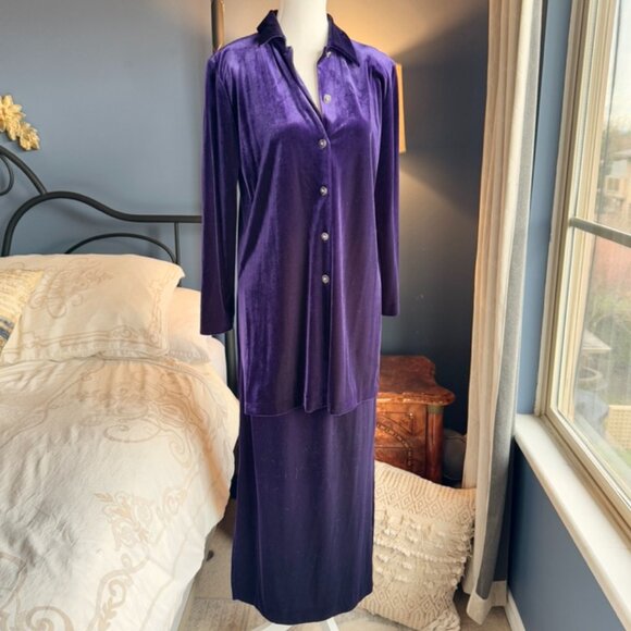 Royal Purple Velvet Long Sleeved Shirt and Maxi Skirt Set - Picture 7 of 16
